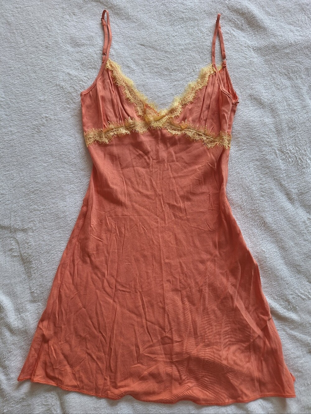 Et Clet Peach Coral Lace Trim Slip Dress Camisole Mini Dress S Coquette Y2K